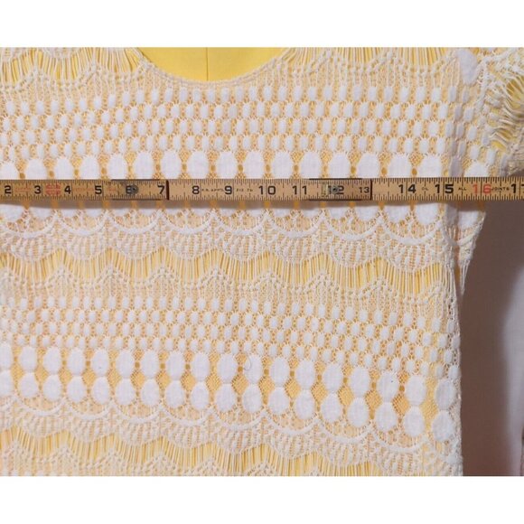 Tatiana B Size LG  Sheath Dress White Lace on Yellow Cap Sleeve  Slimming - Picture 5 of 6